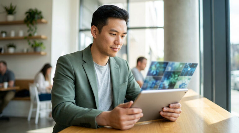 A man in a green blazer reviews a holographic display on a tablet in a cafe, likely curating images for a high-value dating profile.