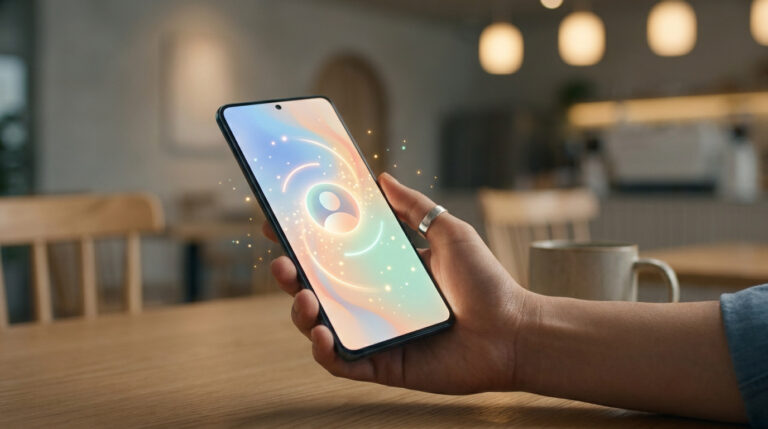 Hand holding smartphone with glowing profile icon, radiating light, and sparkles on screen in a blurred cafe setting.