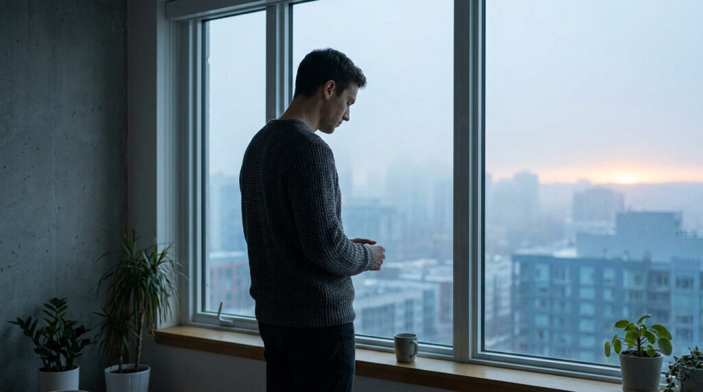 A man in a grey sweater stands thoughtfully by a large window overlooking a hazy city skyline, head bowed, hands clasped.