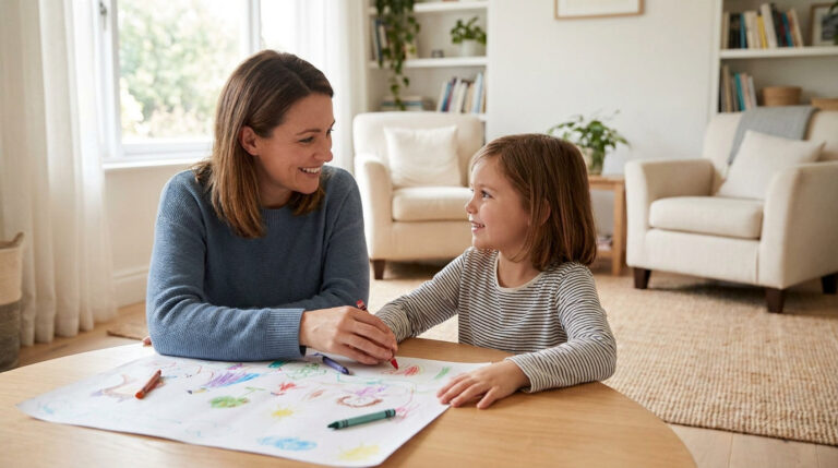 Smiling mother and daughter draw together with crayons at a table. They share a warm gaze in a bright, cozy living room.