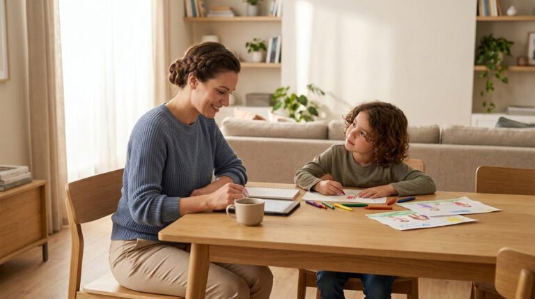 Smiling mom looks at her child drawing crayons at a table. Tablets, notebooks, and drawings share the cozy, bright room.