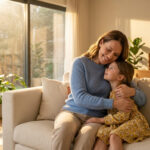 A smiling woman embraces her young daughter on a bright sofa, bathed in warm sunlight from large windows in their cozy living room.