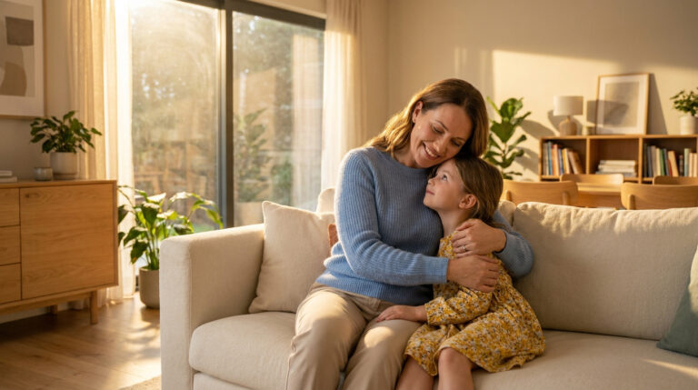 A smiling woman embraces her young daughter on a bright sofa, bathed in warm sunlight from large windows in their cozy living room.