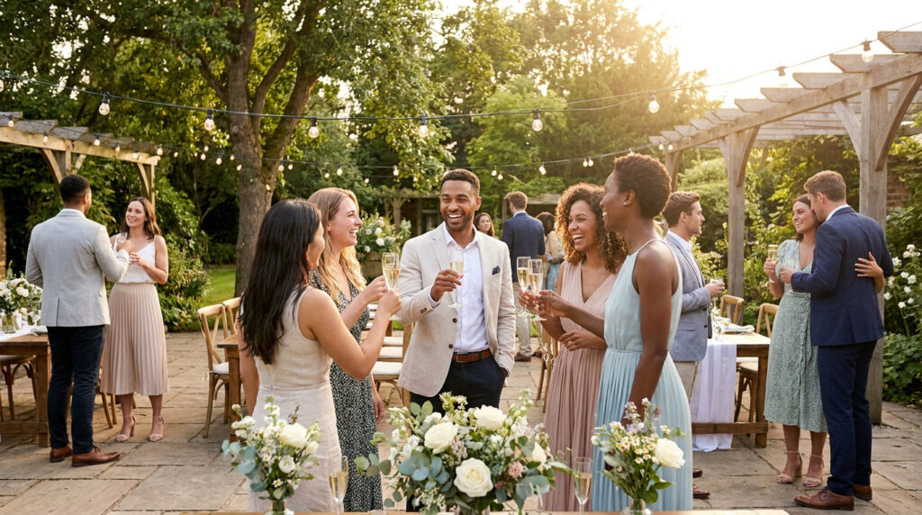 Diverse friends laugh and toast with champagne glasses at a joyful outdoor party with string lights, greenery, and elegant decor.
