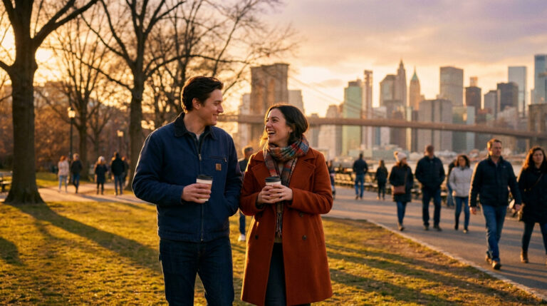 A smiling couple walks in a NYC park at sunset, holding coffee cups, with the Brooklyn Bridge and Manhattan skyline visible in the distance.