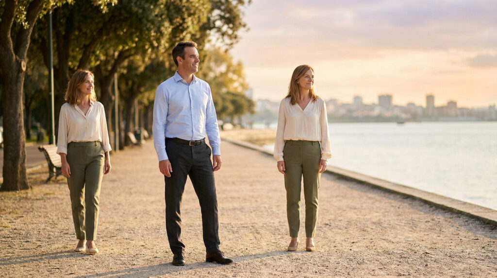 A man stands between two women on a path by a river at sunset, looking forward. All appear contemplative and ready for new beginnings.