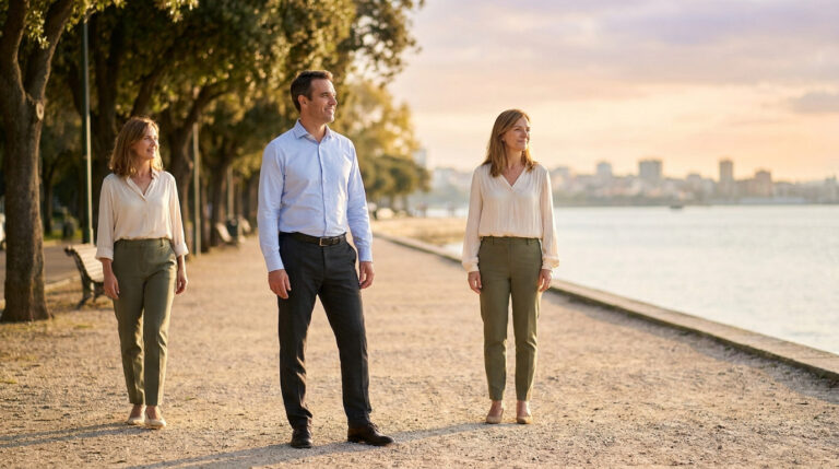 A man stands between two women on a path by a river at sunset, looking forward. All appear contemplative and ready for new beginnings.