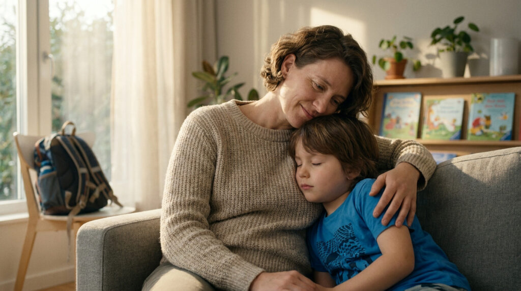 A mother in a beige sweater gently embraces her sleeping son on a sofa, in a warm, sunlit room with books and plants.