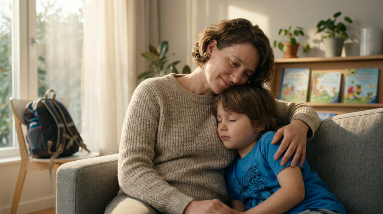 A mother in a beige sweater gently embraces her sleeping son on a sofa, in a warm, sunlit room with books and plants.