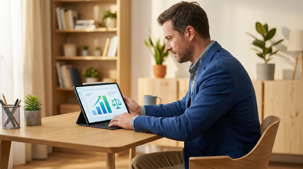 A man in a blue jacket researches financial data and legal scales on a tablet, symbolizing Illinois child support planning.