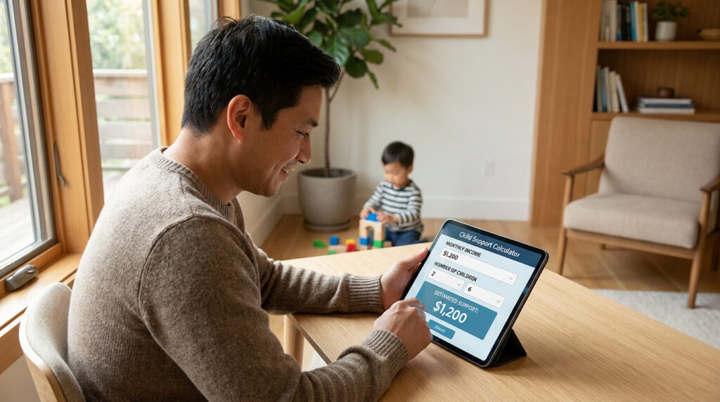 Smiling man uses a child support calculator on a tablet, showing $1,200 estimated support. A toddler plays nearby.