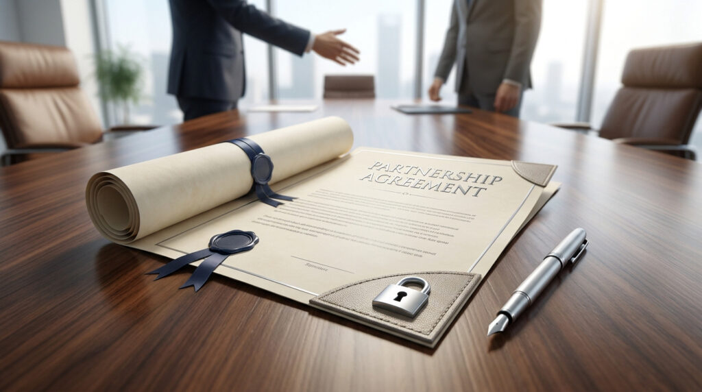 A "Partnership Agreement" document, rolled scroll, padlock, and pen on a polished wooden table. Blurred business people shake hands in background.