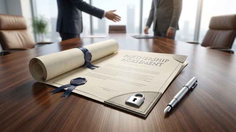 A "Partnership Agreement" document, rolled scroll, padlock, and pen on a polished wooden table. Blurred business people shake hands in background.
