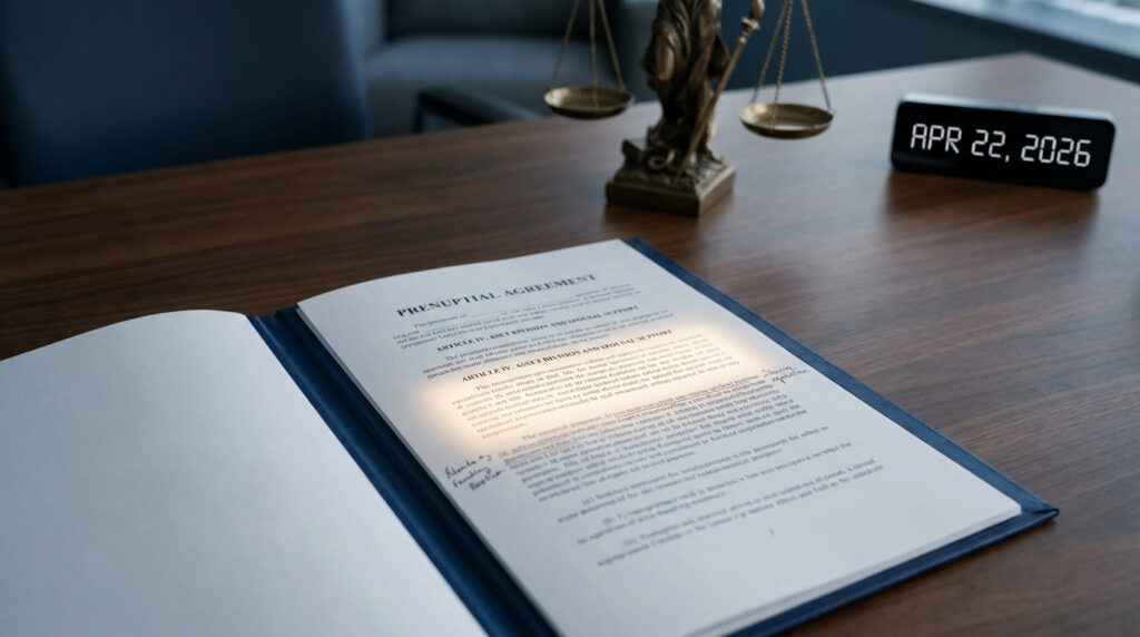 An open prenuptial agreement document on a wooden desk with a Lady Justice statue and a digital date display (APR 22, 2026).