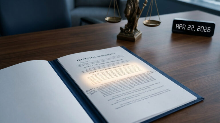 An open prenuptial agreement document on a wooden desk with a Lady Justice statue and a digital date display (APR 22, 2026).