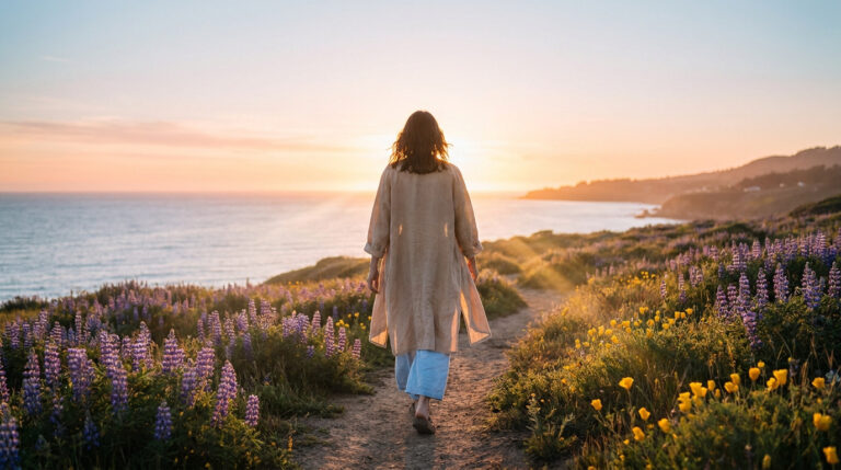 Person walking a scenic coastal path toward a golden sunset over the ocean, surrounded by vibrant purple and yellow wildflowers.