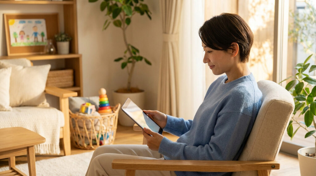 A woman in a cozy living room sitting in an armchair, focused on a tablet. A child's drawing and toys are visible in the background.