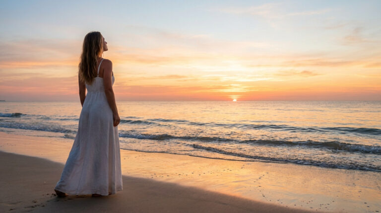 A woman in a white dress stands on a beach looking at a vibrant sunset over the ocean, symbolizing peace and new beginnings.