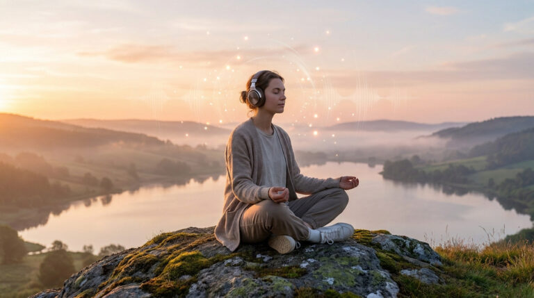 A woman meditating with headphones on a mossy rock, overlooking a misty lake at sunrise. Glowing lights symbolize music's healing power.