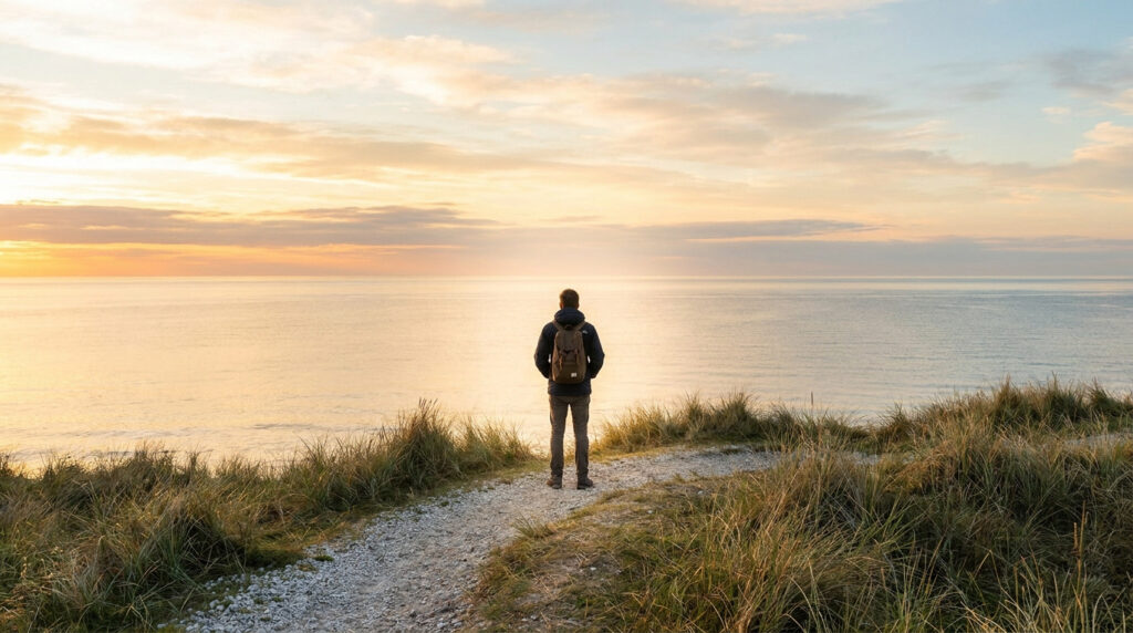 Man with backpack on a path overlooking a calm ocean at sunset, symbolizing new beginnings and hope after divorce.