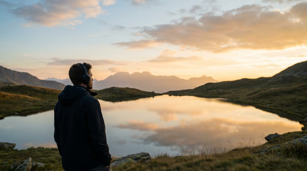 Man with headphones gazes at a tranquil lake reflecting a colorful sunset sky over mountains, finding solace in nature and music.