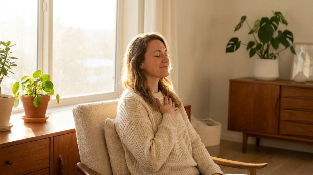 Smiling woman, eyes closed, hand over heart, sitting in sunlit room with plants, embodying peace and self-care.