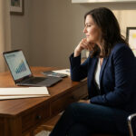 Woman at home desk, contemplating tax prep on laptop, with child's drawing and toy nearby.