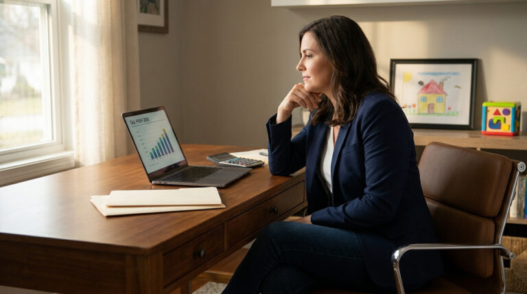 Woman at home desk, contemplating tax prep on laptop, with child's drawing and toy nearby.