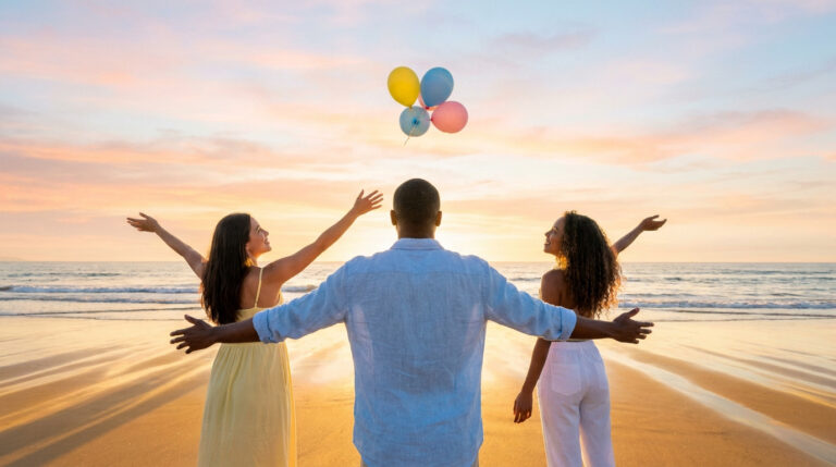 Three friends on a beach at sunset, arms outstretched, releasing colorful balloons into the sky, symbolizing freedom and a fresh start after divorce.
