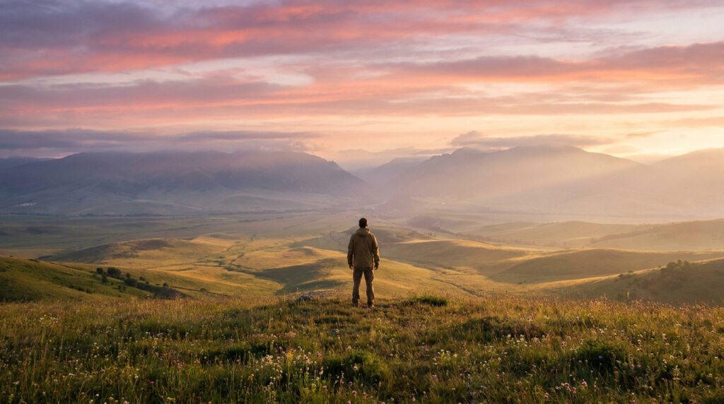 A lone person stands on a hilltop overlooking a vast mountain landscape under a colorful sunrise sky, symbolizing new beginnings.