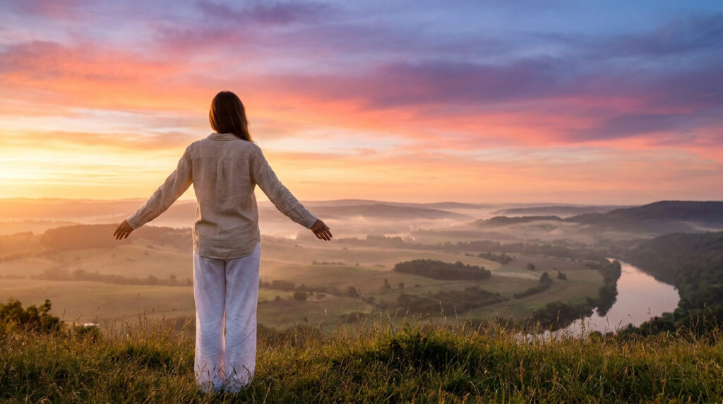 Woman on a hilltop, arms wide, watching a vibrant sunrise over a misty river valley and rolling hills.