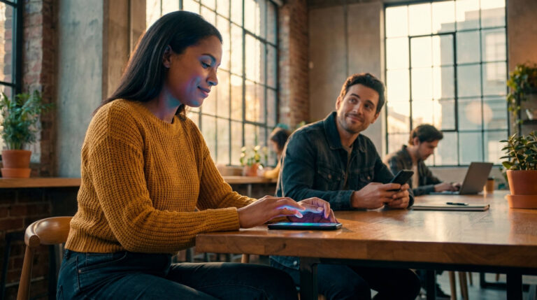 A woman with dark hair scrolls on a glowing phone at a cafe table, observed by a man holding his phone. Other patrons work in background.