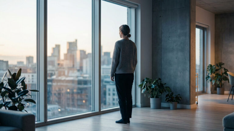 Woman from behind, in grey sweater, contemplating a cityscape through a large modern window, representing a quiet departure.