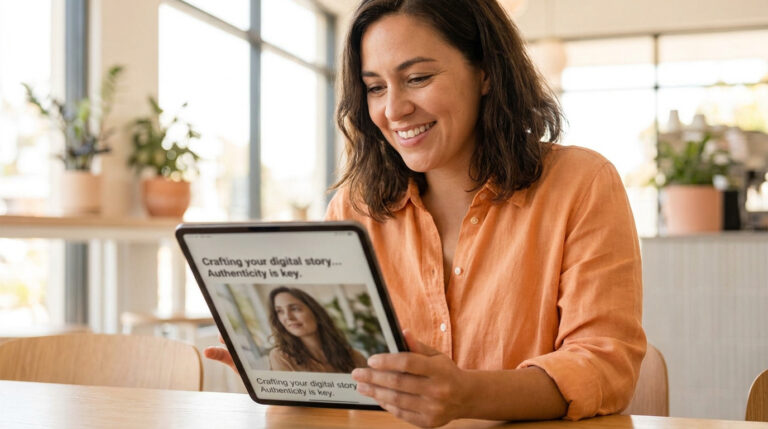 Smiling woman in an orange shirt looks at a tablet displaying 'Crafting your digital story... Authenticity is key.'
