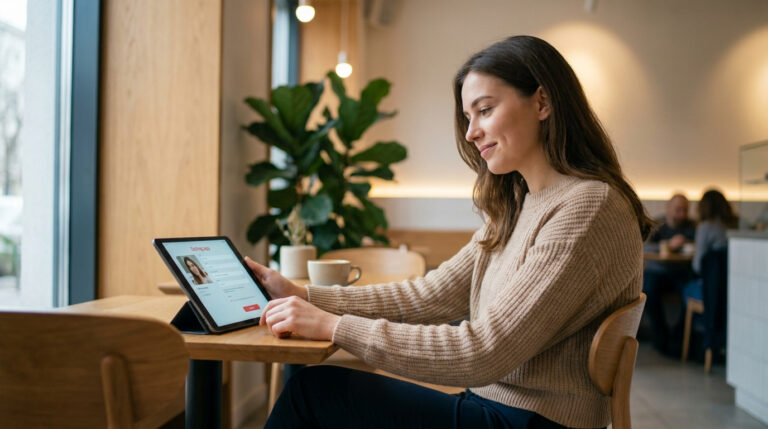 Smiling woman uses tablet in a cafe, focused on a dating app profile. Includes a profile picture and 'Sign up' button.
