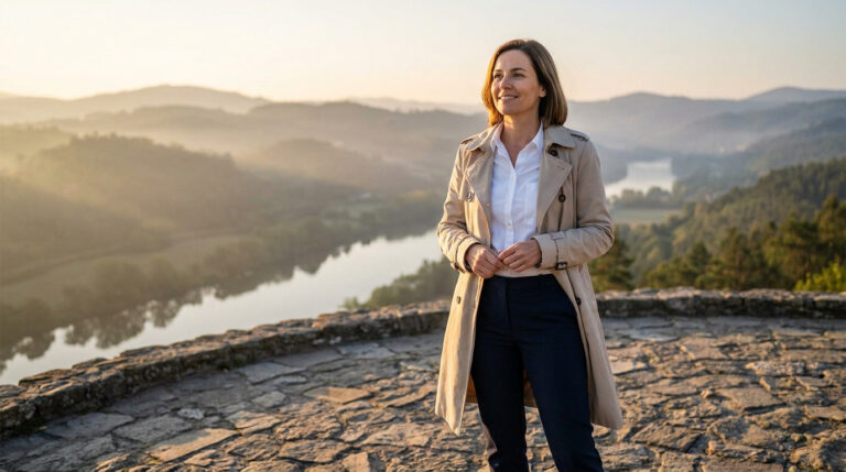 Woman in trench coat on stone overlook, gazing hopefully at a misty river valley and mountains during sunrise.