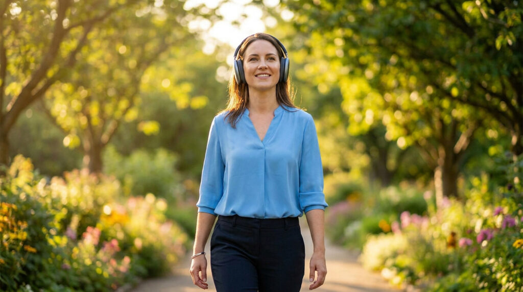 A smiling woman with headphones walks on a sunlit path in a park, surrounded by green trees and vibrant flowers.