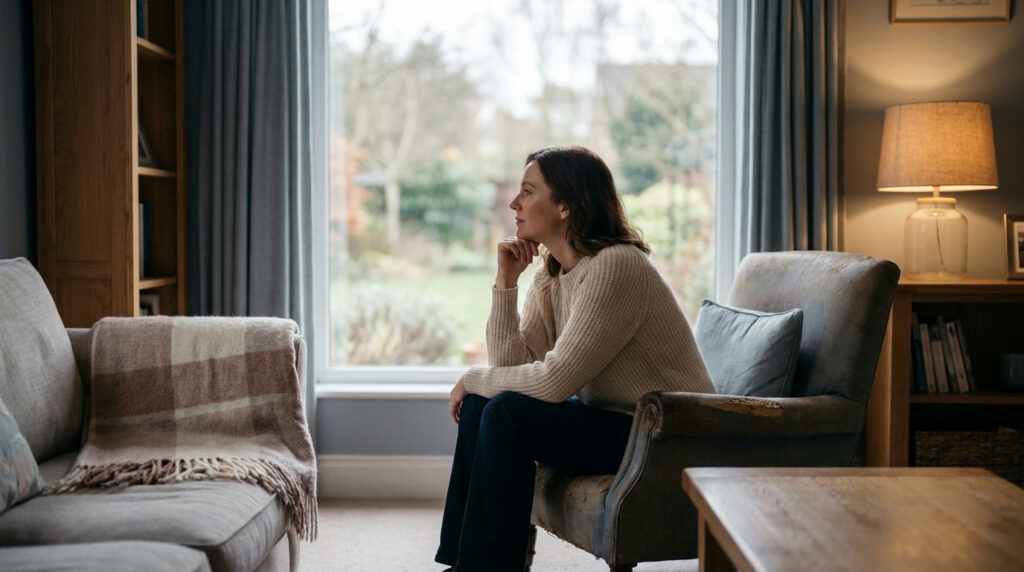 Pensive woman in a cream sweater sits in a worn armchair, looking out a large window on a muted day, lost in thought.