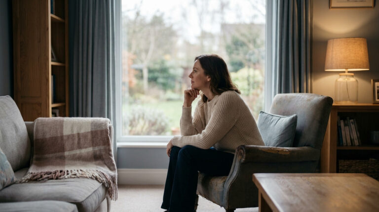 Pensive woman in a cream sweater sits in a worn armchair, looking out a large window on a muted day, lost in thought.