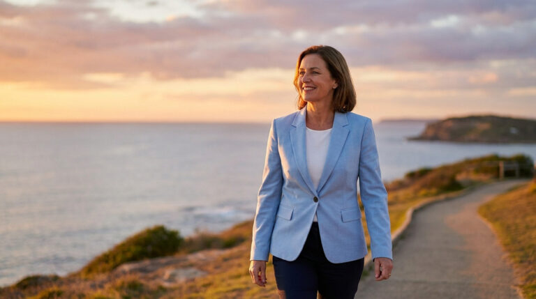 A smiling woman in a light blue blazer walks on a coastal path at sunset, looking confidently towards the horizon.