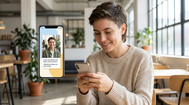 Smiling person in a cafe reviewing a dating app profile on their phone, which displays a photo and bio "Loves adventure...".